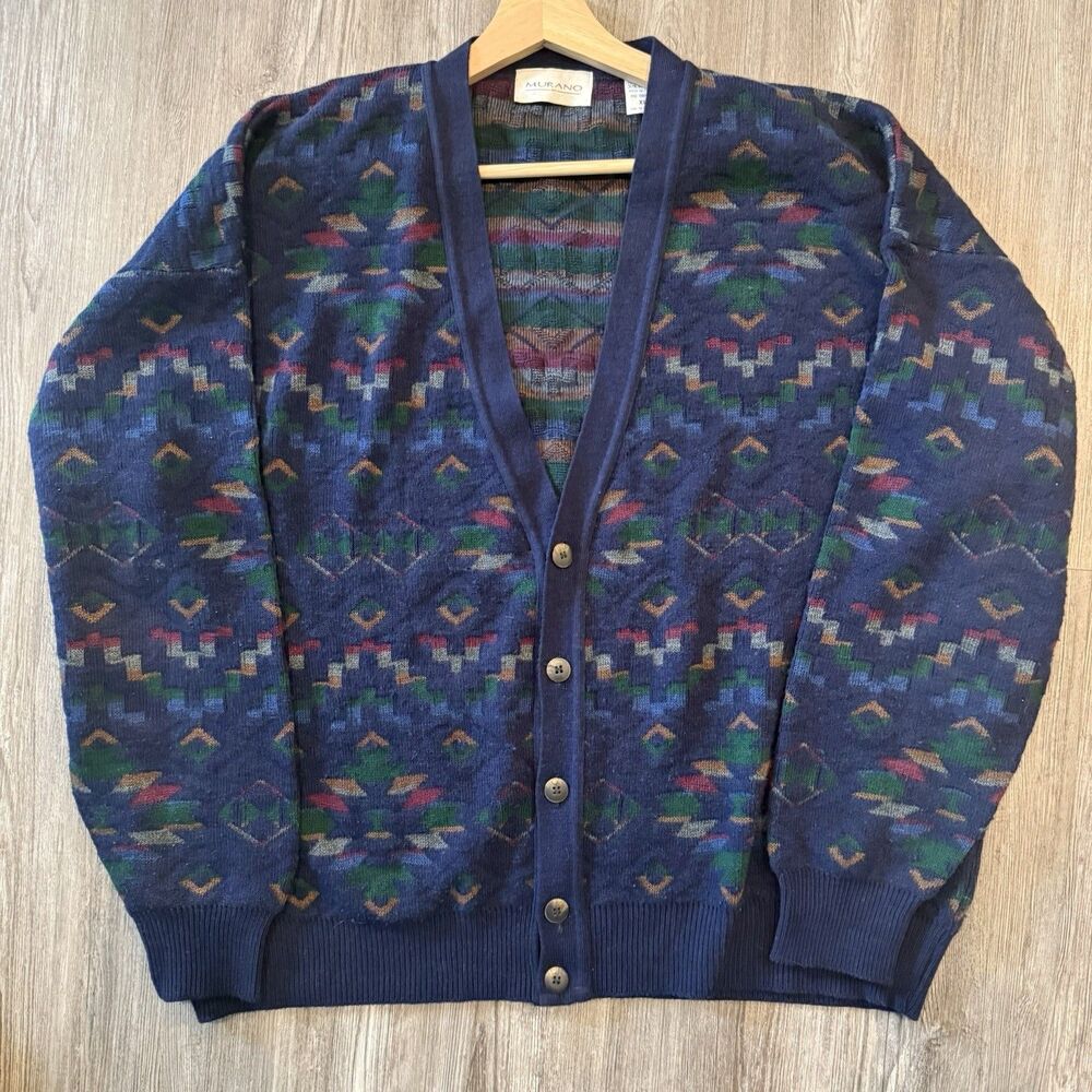 VTG 90s Cardigan Sweater XL Murano Southwestern Eclectic Grandpa Wool Blend Navy